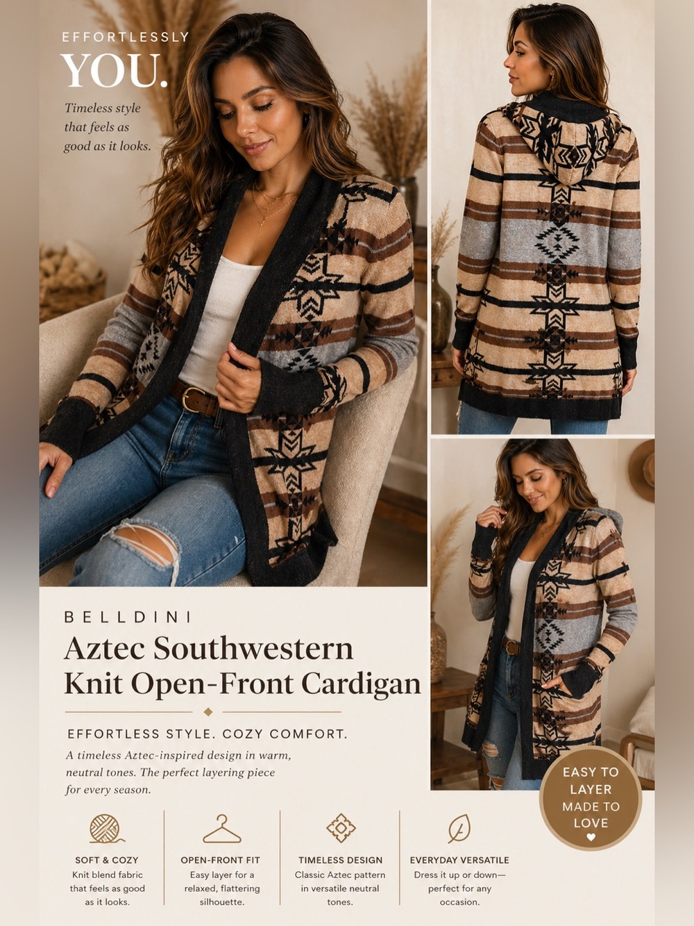 BELLDINI Aztec / Southwestern Knit Open-Front Cardigan
